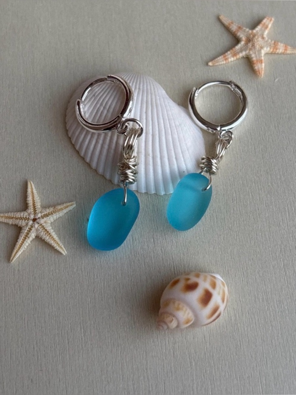 Handcrafted Silver Hoop Earrings with Teal Blue Sea Glass Dangles